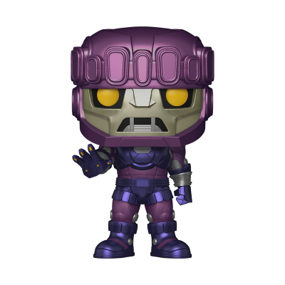 Figura colecionável Funko Pop robótico com capacete e armadura roxa