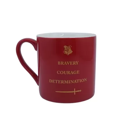 Caneca vermelha com brasão Gryffindor e texto dourado