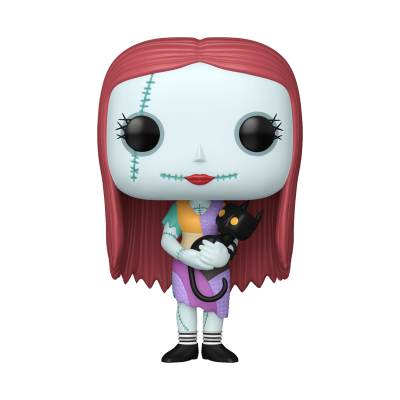 Figura Funko POP da personagem Sally com vestido de retalhos coloridos e gato preto