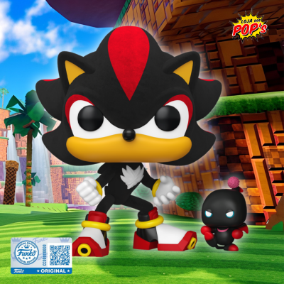 Bonecos colecionáveis Funko Pop de personagem preto e vermelho e personagem pequeno preto com olhos azuis.