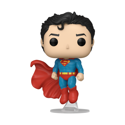 Figura Funko Pop Super-Homem com capa vermelha e base transparente