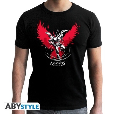 T-shirt preta Assassin's Creed com personagem e asas vermelhas