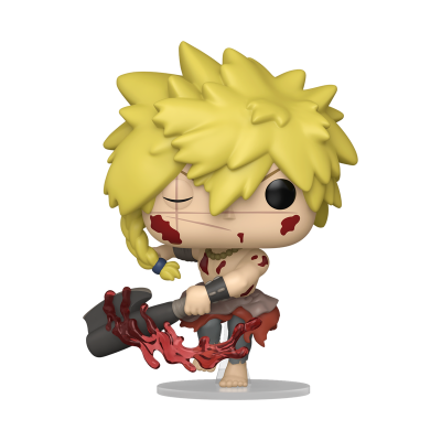 Figura colecionável Funko Pop de personagem com cabelo amarelo e arma preta com lava vermelha