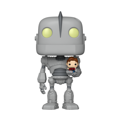 Funko Pop de robô cinzento segurando figura humana pequena de cabelo castanho