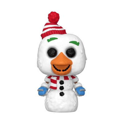 Figura colecionável boneco de neve com chapéu vermelho às riscas brancas e cachecol vermelho e branco