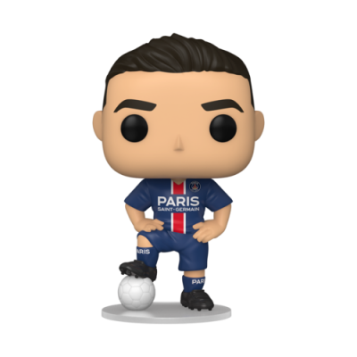 Figura colecionável tipo Funko Pop de jogador de futebol com uniforme azul escuro e bola branca