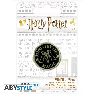 Pin Ministério da Magia Harry Potter preto e dourado em embalagem branca