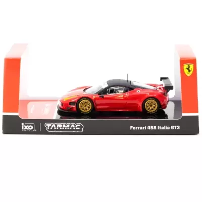 Miniatura Ferrari 458 Italia GT3 vermelho com embalagem preta e vermelha