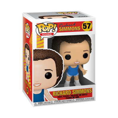 Funko Pop! Richard Simmons nº 57 em caixa com fundo vermelho e amarelo