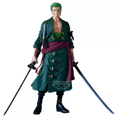 Figura de ação de personagem com cabelo verde e duas espadas em fundo branco