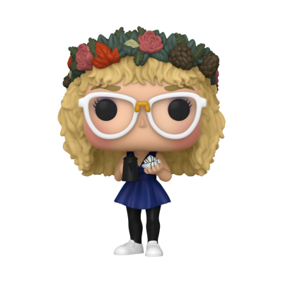 Figura de vinil com cabelo loiro, óculos brancos, vestido azul e coroa de flores.