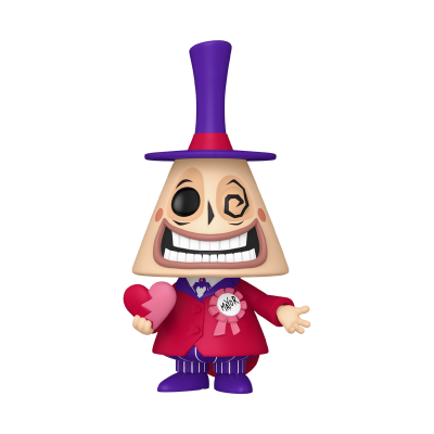 Figura colecionável de personagem com rosto triangular e chapéu roxo