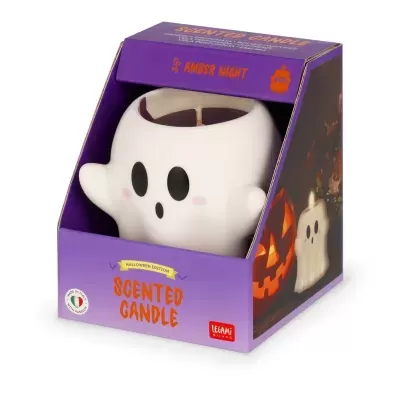 Vela perfumada formato fantasma branco em embalagem roxa