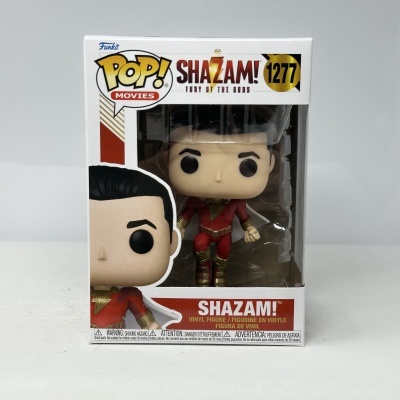 Funko POP Shazam figura vinyl na embalagem branca com detalhes dourados e vermelhos