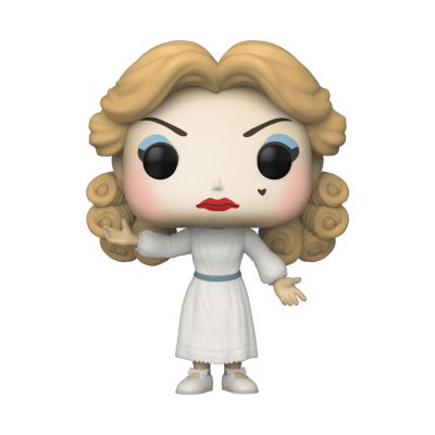 Figura Funko Pop feminina com vestido branco e cabelo loiro encaracolado
