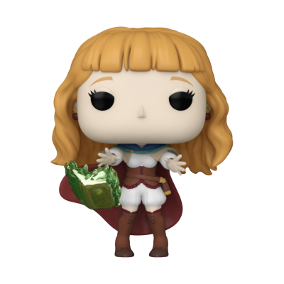 Figura Funko Pop com cabelo laranja, capa vermelha e livro verde