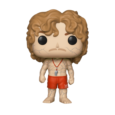 Figura colecionável Funko Pop de personagem masculino com cabelos castanhos cacheados e shorts vermelhos.