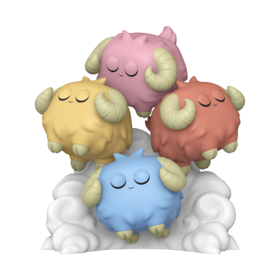 Figuras de brinquedo fofas com chifres coloridas sobre base branca em formato de nuvens