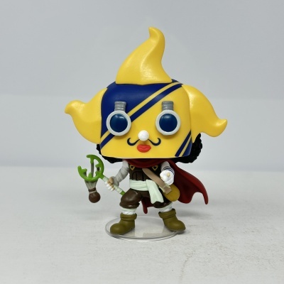 Figura de vinil colecionável com cabeça amarela e azul e capa vermelha