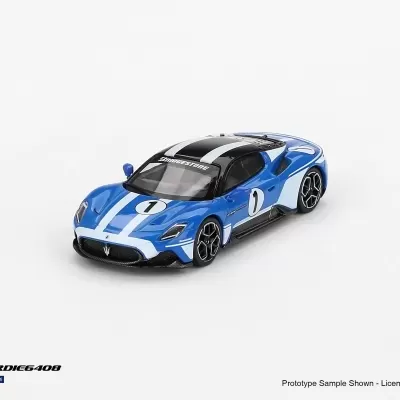 Miniatura de carro desportivo azul com riscos brancos e número 1