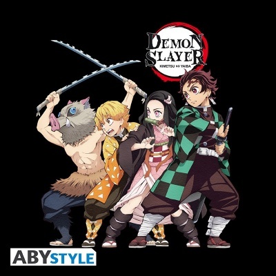 Quatro personagens do anime Demon Slayer com roupas coloridas e logo da série.