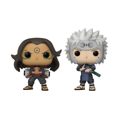 Duas figuras Funko Pop de anime, uma com cabelo castanho e círculo na testa, outra com cabelo branco e faixa na cabeça.