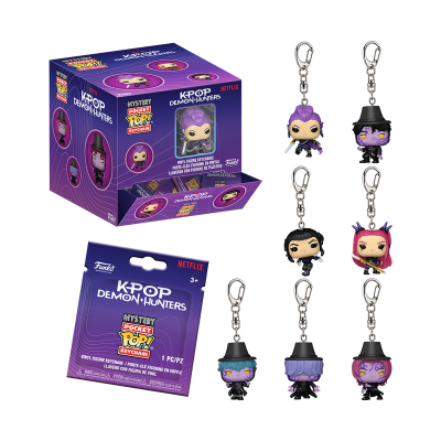 Porta-chaves Funko Pop Mystery Pocket Keychain Kpop Demon Hunters com figuras de vinil e embalagem roxa.