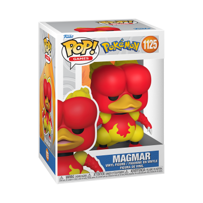 Figura Funko Pop! Magmar do Pokémon em caixa com textos e cores vermelho e amarelo