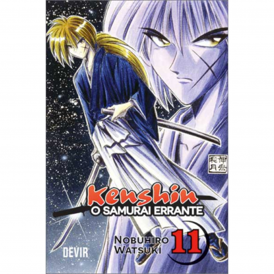 Capa do livro Kenshin O Samurai Errante volume 11 com personagens de anime em fundo estrelado.