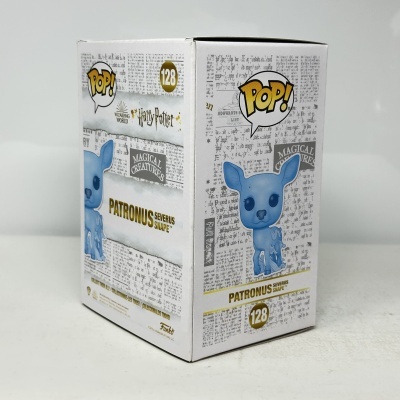 Embalagem branca com boneco azul Patronus Severus Snape da coleção Harry Potter POP! número 128