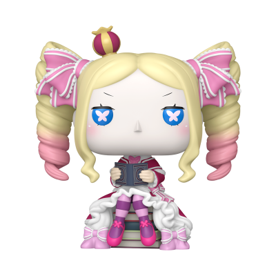 Figura Funko Pop com cabelo loiro e rosa, roupa rosa e branca, segurando um livro sentado em pilhas de livros.