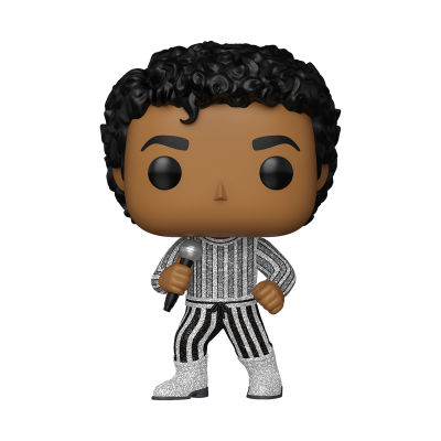 Figura de vinil Funko Pop vestida com roupa listrada em preto e branco e segurando microfone