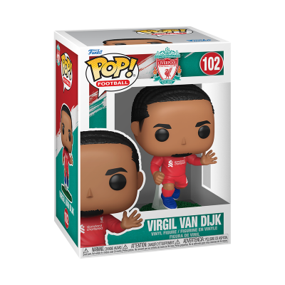 Funko Pop! Virgil van Dijk com roupa vermelha do Liverpool dentro de caixa branca colorida