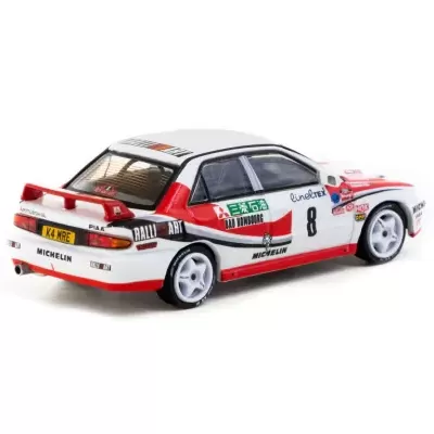 Miniatura de carro de corrida branco com detalhes vermelhos e pretos e número 8.