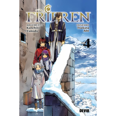 Capa do mangá Frieren volume 4 com quatro personagens em roupa de inverno e cenário nevado