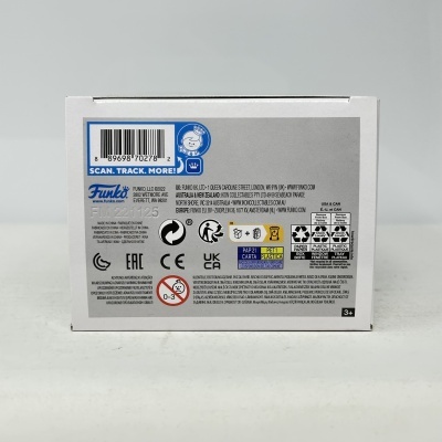 Caixa de produto Funko Pop com código de barras e ícones de reciclagem