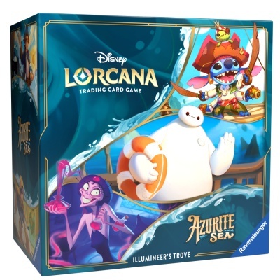 Caixa do jogo de cartas Disney Lorcana Azurite Sea com personagens animados