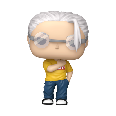 Figura estilizada de vinil com cabelo branco, óculos redondos, camisa amarela com texto, calças azuis e sapatos.