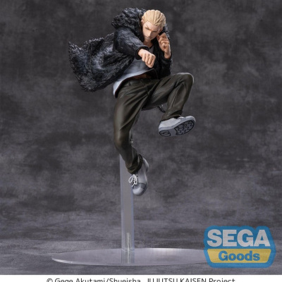 Figura colecionável de personagem masculino com casaco preto e cabelo loiro