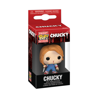 Chaveiro Funko Pop! Chucky com faca em embalagem vermelha e preta