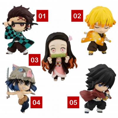 Cinco figuras de ação chibi coloridas numeradas com roupas tradicionais e estilos únicos.