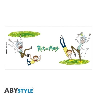 Etiqueta Rick and Morty com personagens e portais verdes, logo ABYSTYLE.