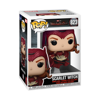 Figura Pop! Scarlet Witch com roupa vermelha e livro aberto na caixa