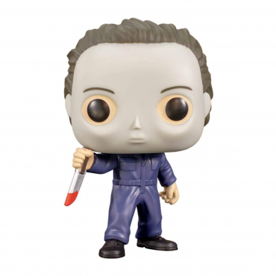 Figura Funko Pop de personagem com macacão azul escuro e objeto vermelho e branco na mão