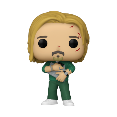 Figura Funko Pop personagem loiro com cicatrizes e roupa verde segurando objeto cinza