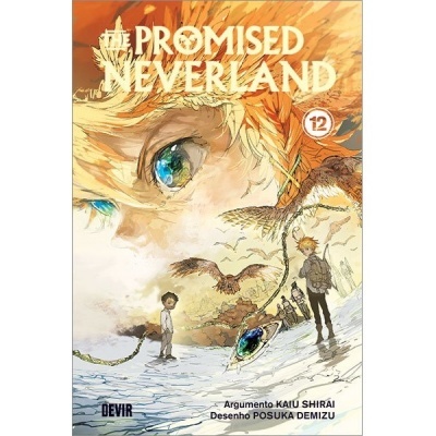 Capa do manga THE PROMISED NEVERLAND volume 12 com ilustração colorida de personagens e aves
