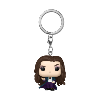 Chaveiro Funko Pop personagem feminina com roupa roxa e capa azul escura