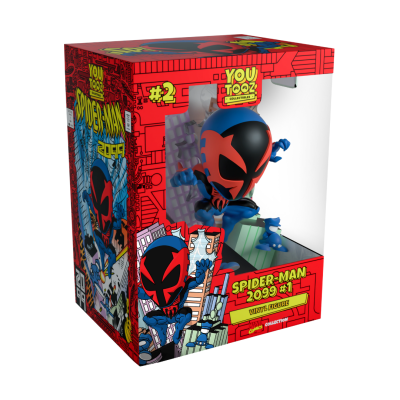 Figura de vinil Spider-Man 2099 em caixa vermelha com janela transparente