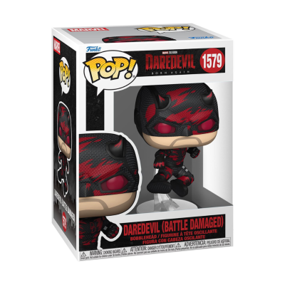 Figura Funko Pop Daredevil Battle Damaged com máscara preta e vermelha em embalagem