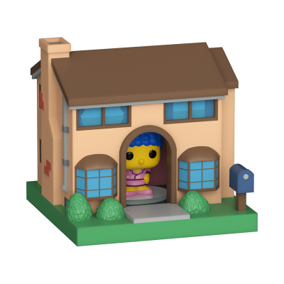 Miniatura de casa bege com figura amarela e azul na porta